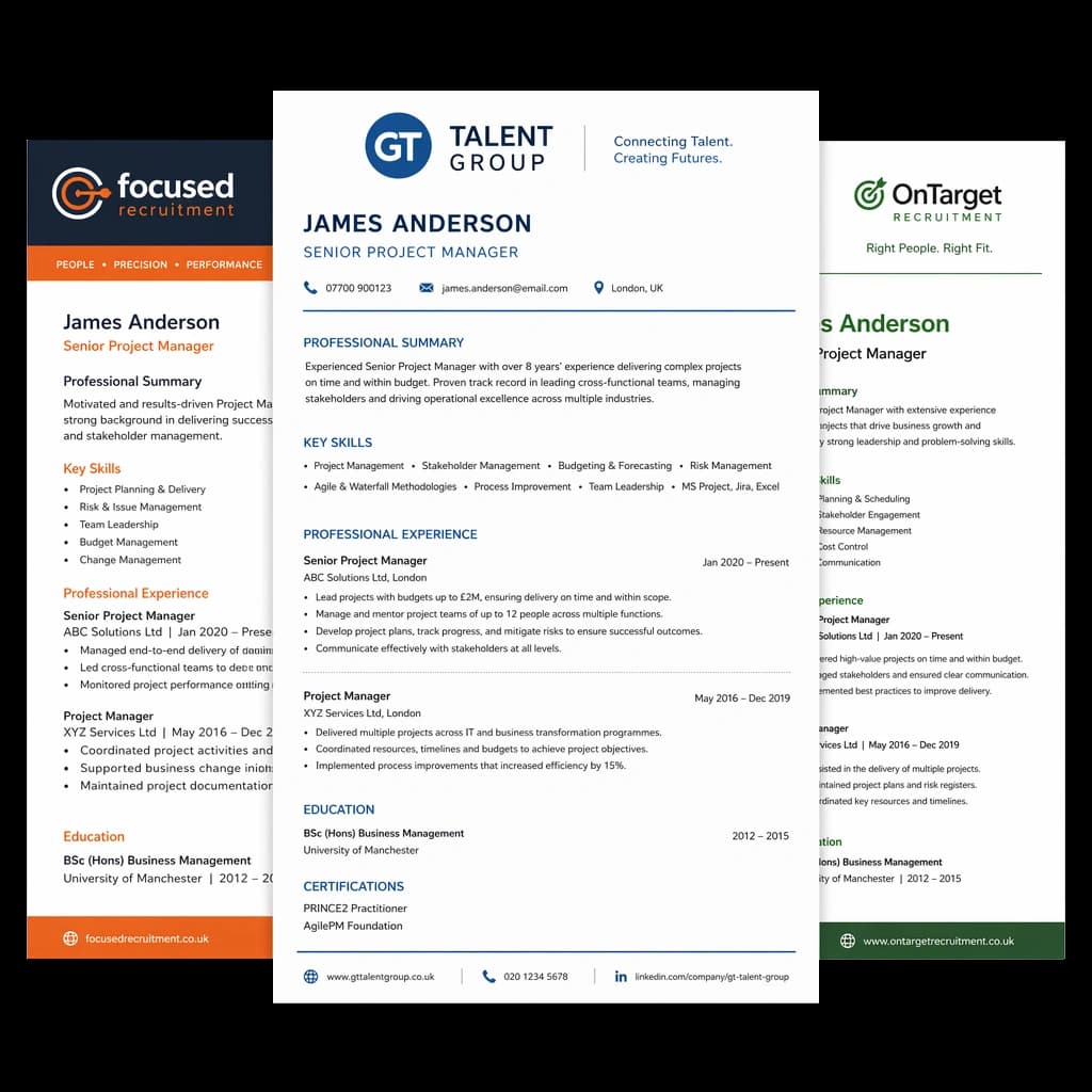 Branded CV templates from different recruitment agencies